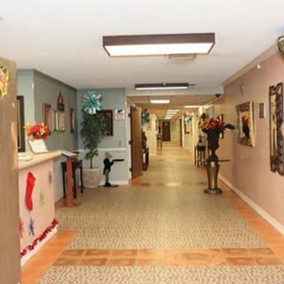 A decorated hallway with a reception area and indoor plants.