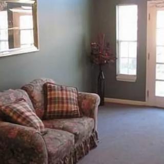 A cozy living room featuring a patterned sofa, large windows, and carpeted flooring.