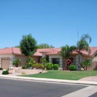 A suburban house with a well-maintained lawn and various trees, including palm trees, under a clear blue sky.