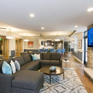 A modern open-concept living room with a sectional sofa and adjacent kitchen.