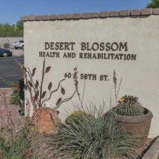 Sign for Desert Blossom Health and Rehabilitation with desert plants in the foreground.