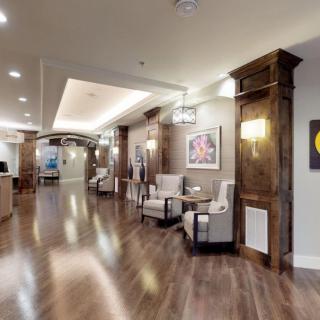 A modern lobby with comfortable seating and stylish decor.