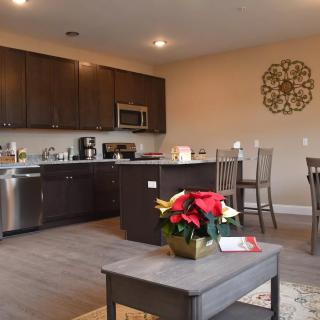 A modern open-concept kitchen and living area with sleek cabinetry and a cozy dining space.