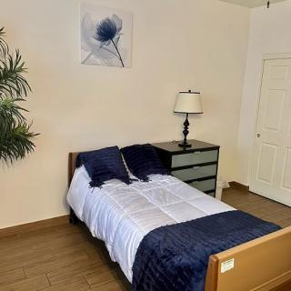 A cozy bedroom with a single bed, blue bedding, and minimalist decor.
