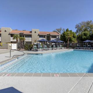 A refreshing swimming pool in a residential area, perfect for relaxation on a sunny day.