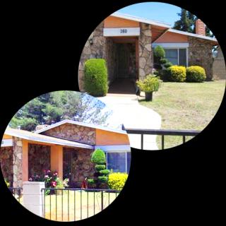 Two views of a residential stone facade house with a garden.