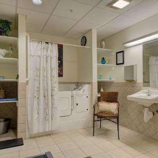 An accessible bathroom with a shower area, sink, and seating.