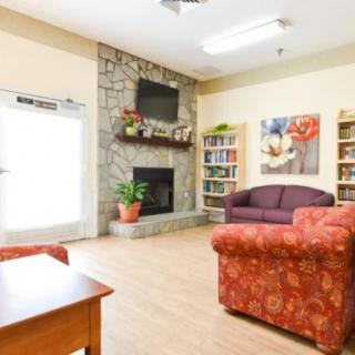 A cozy living room featuring a fireplace, comfortable seating, and bookshelves.