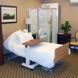 A hospital room with an adjustable bed and medical equipment.
