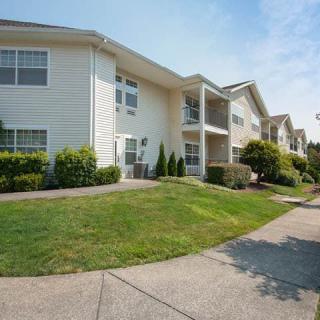 A sunny view of a residential apartment building with well-maintained landscaping and a sidewalk.