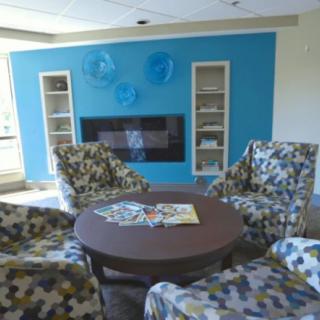 A modern living room with patterned chairs, a round coffee table, and a blue accent wall featuring a fireplace and decorative plates.
