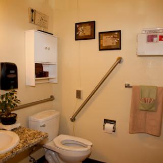 A well-equipped bathroom featuring a sink, toilet, and decorative elements.