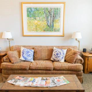 A cozy living room with a brown sofa, decorated pillows, and a colorful painting hanging on the wall. A wooden table in front holds a collection of magazines.