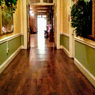 A beautifully designed hallway featuring wood flooring and green walls, adorned with decorative plants.