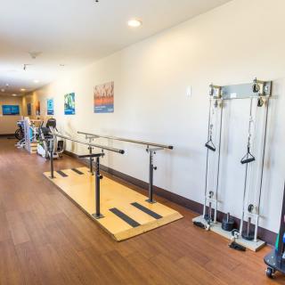 A physical therapy room equipped with parallel bars and exercise machines aimed at rehabilitation.