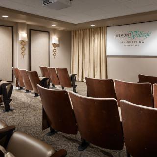 A small theater room with rows of comfortable seating, ready for a presentation or conference.