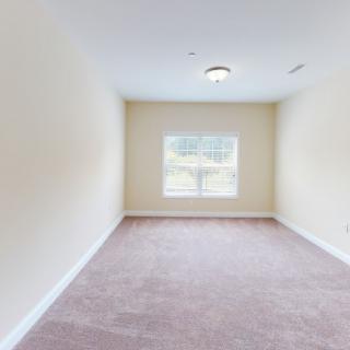 A bright, empty room with carpet and a large window.