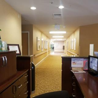 A view of a well-lit office hallway from the reception area.