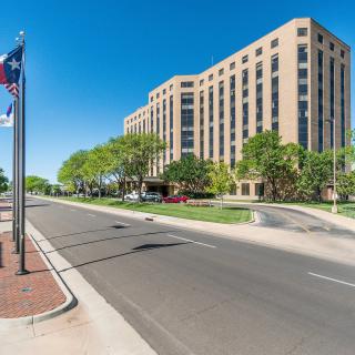 A bright sunny day on a city street with flags and a large building surrounded by trees.