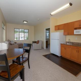 A cozy apartment with a combined kitchen, dining, and living area featuring modern furniture and appliances.