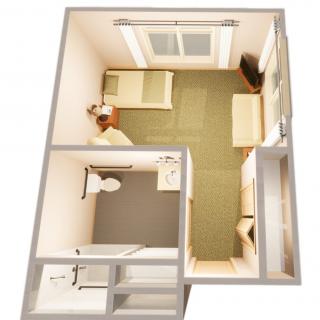 A 3D floor plan of a small bedroom with an attached bathroom, featuring a bed, desk, and wardrobe.