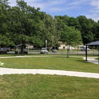 A serene park scene featuring lush green grass and trees under a clear blue sky.