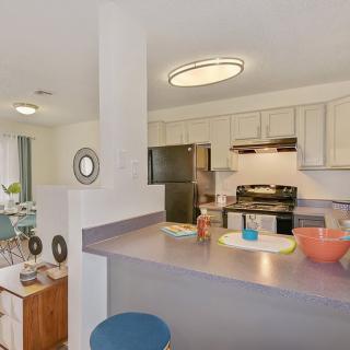 A modern kitchen interior with a view of the countertop and appliances.