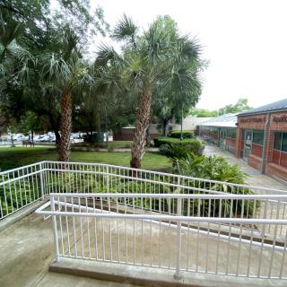 A paved ramp with a white fence surrounded by trees and buildings.