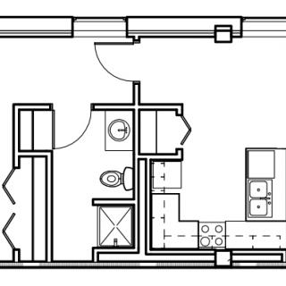 A floor plan of an apartment featuring a bathroom and kitchen.