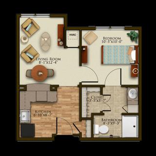 A one-bedroom apartment floor plan with a living room, kitchen, and bathroom.