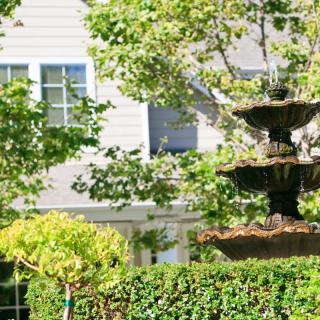 A charming garden with a tiered fountain and lush greenery in front of a house.
