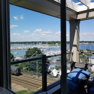 A serene view of a marina lined with boats under a clear blue sky, framed by modern architecture.