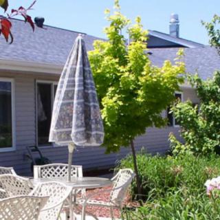 A sunny backyard with a patio set and umbrella surrounded by a garden.