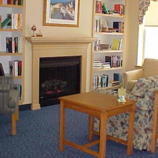 Cozy living room with a fireplace, bookshelves, and comfortable seating.