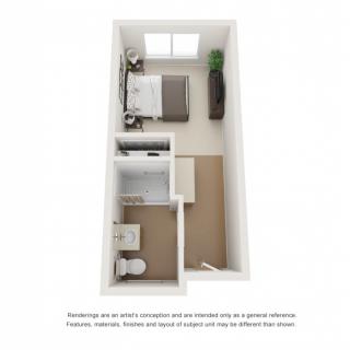 A simple floor plan of a compact one-bedroom apartment with minimalistic design.