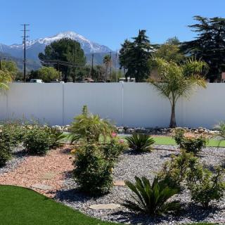 A landscaped garden with various plants against a backdrop of mountains under a clear blue sky.
