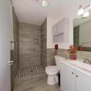 A modern bathroom with a walk-in shower, toilet, and vanity with a large mirror.