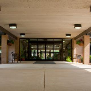 A welcoming entrance to a modern building, featuring a spacious lobby and decorative plants.