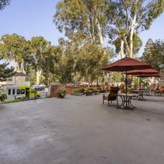 Outdoor patio area with tables, chairs, and umbrellas surrounded by trees.