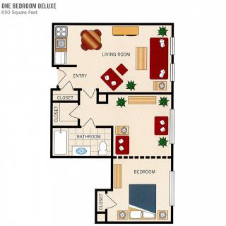 Layout of a one-bedroom apartment showing the living room, kitchen, bathroom, and bedroom.