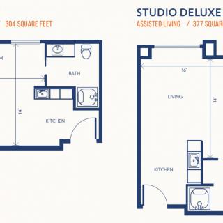 Comparison of two studio apartment floor plans with different square footages.
