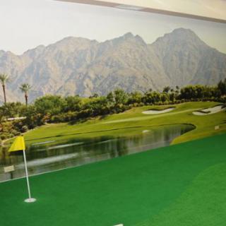 Indoor golf practice area with a scenic mountain landscape mural.