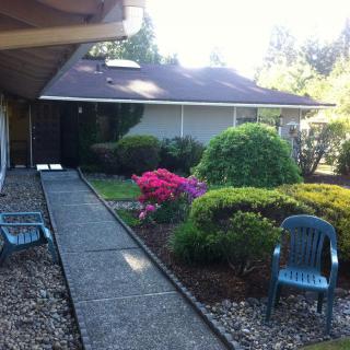 A serene garden path leading to a house, surrounded by colorful flowers and shrubs.