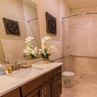 A well-decorated bathroom with a sink, toilet, and walk-in shower.