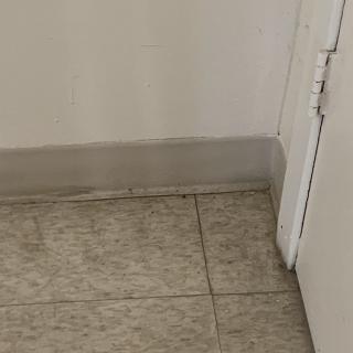 A corner of a room with tiled flooring and a baseboard running along the wall.