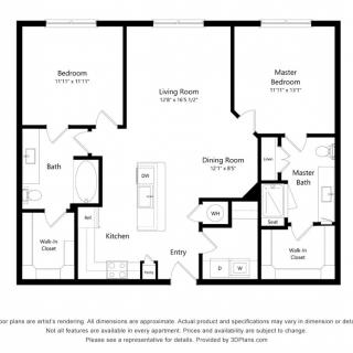 A floor plan of a two-bedroom apartment with designated areas for the kitchen, living room, bathrooms, and dining room.