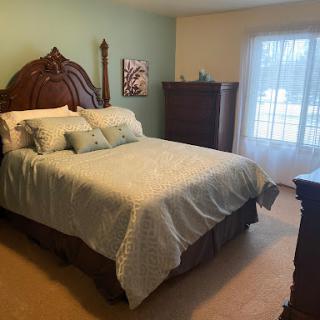 A cozy and inviting bedroom featuring a queen-sized bed with decorative pillows, wooden furniture, and natural light streaming in through the window.