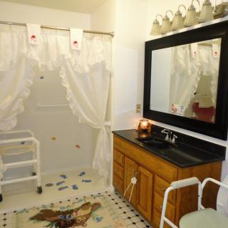 An accessible bathroom with a vanity and shower area, complete with decorative curtains and a mirror.