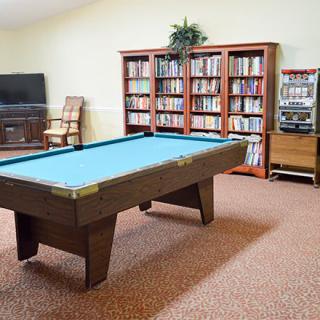 A cozy room featuring a billiard table, bookshelves, and a television.