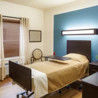 A modern hospital room with a single bed, blue accent wall, and wooden flooring.